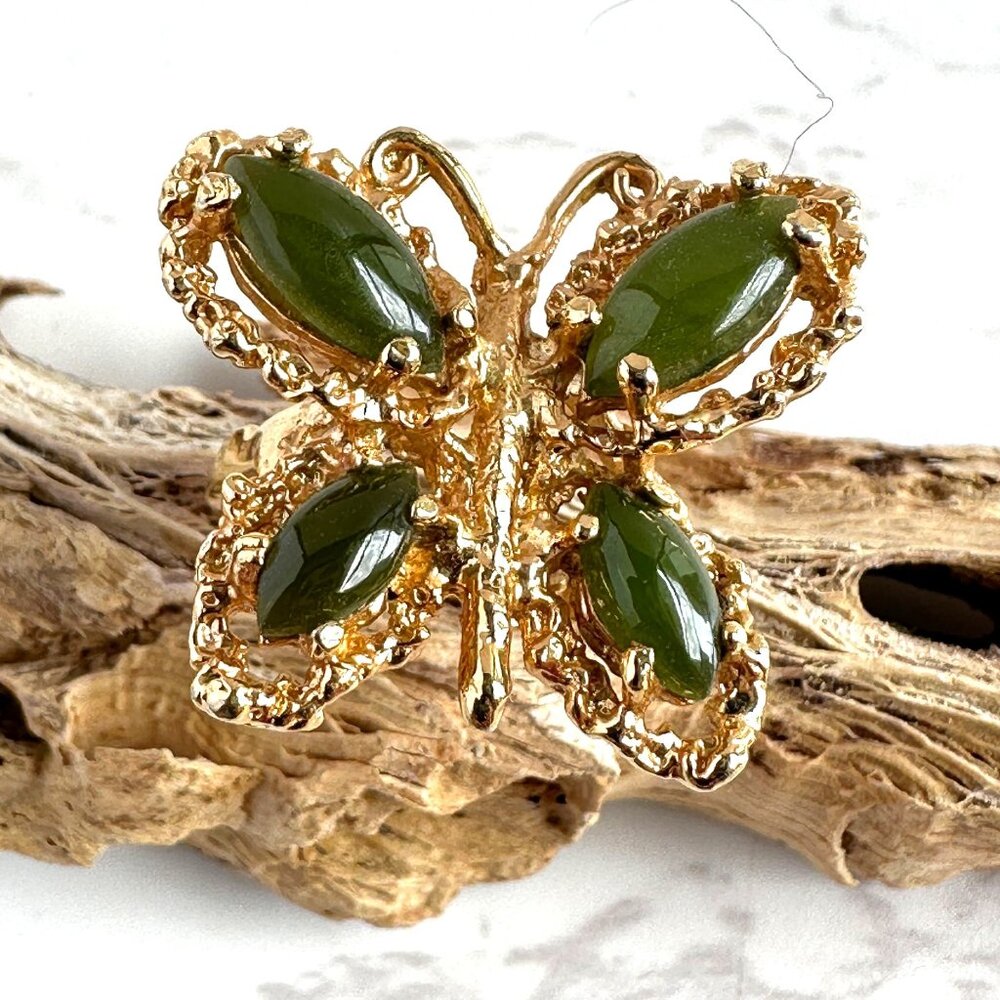 Gold Plated Butterfly Ring, Nephrite Jade Cabochons, Size 6.5, Statement Ring